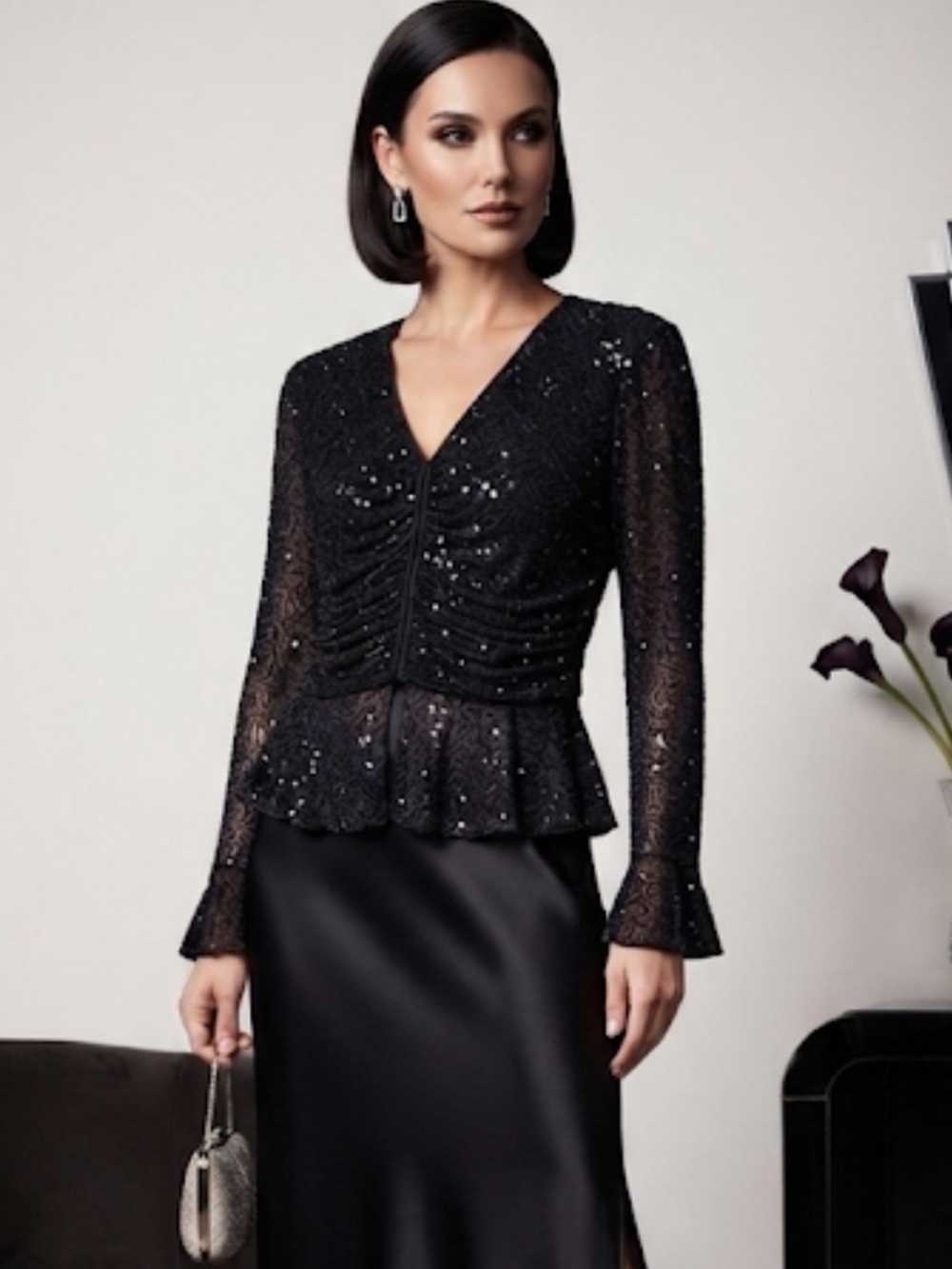 Vintage Marina Bresler black beaded sequins bell cuff blouse